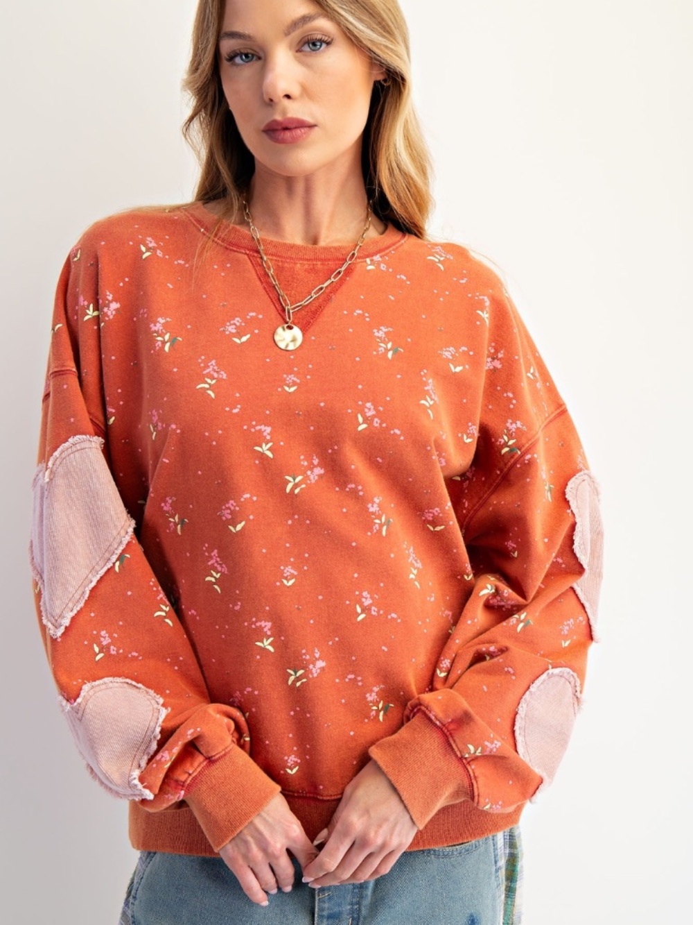 NEW EASEL FLORAL HEART PRINTED WASHED TERRY PULLOVER PATCHWORK SWEATSHIRT